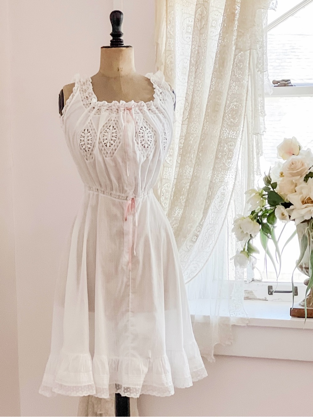 Edwardian White Lace Underdress with Pink Silk Ribbon Size XS - Picture 6 of 15